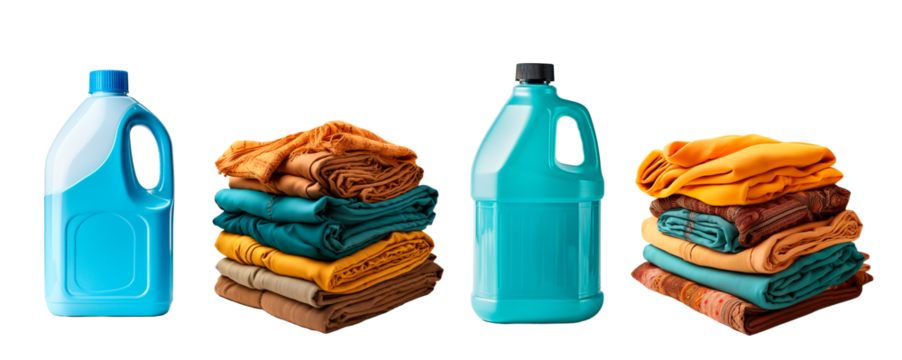 Servicio de lavandería y tareas domésticas. Tienda de ropa.
Pila de ropa limpia de diferentes colores y productos de limpieza aislados sobre fondo transparente.