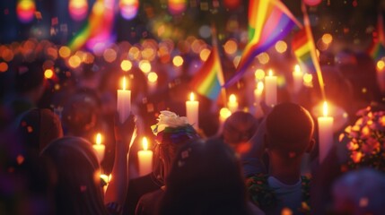 A Vibrant Gathering of Unity and Celebration at Night Illuminated by Candles - obrazy, fototapety, plakaty