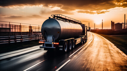 Sunset Fuel Odyssey - Large Tanker Truck Transporting Fuel to an Oil Refinery. Generative AI. V-3 - obrazy, fototapety, plakaty