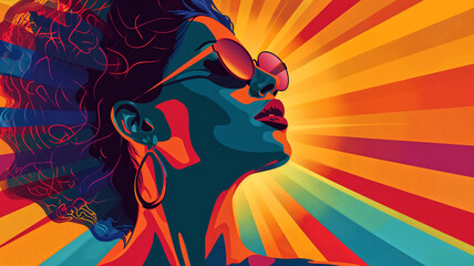 A pop art-inspired digital illustration features a woman with stylish sunglasses against a backdrop of bold, retro sunbeams.
