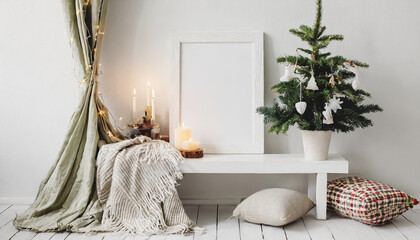 White blank wooden frame mockup with Christmas tree, candles, linen cushions and plaid on the white bench. Poster product design. Scandinavian home decor, nordic design