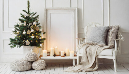 White blank wooden frame mockup with Christmas tree, candles, linen cushions and plaid on the white bench. Poster product design. Scandinavian home decor, nordic design - obrazy, fototapety, plakaty