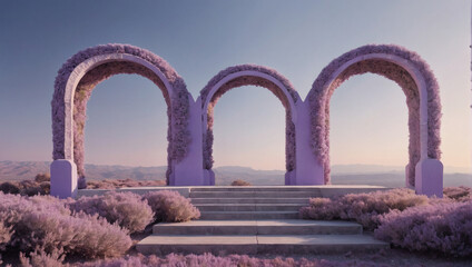 Floating Arches and Serene Podium, Panoramic View, Tranquil Skyline.