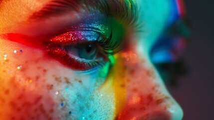 Vibrant Colors Adorning a Human Eye: A Close-Up Exploration of Makeup and Emotion