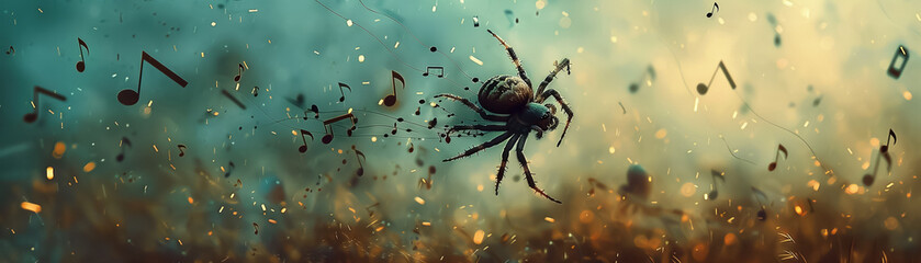 A whimsical scene of a spider with tiny headphones blissfully floating on a breeze - obrazy, fototapety, plakaty