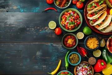 Obraz na płótnie Canvas A table with a variety of Mexican food including tacos, beans, and salsa. The table is set with bowls and plates of food, and there are several different types of peppers and tomatoes