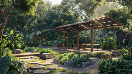 Lush green park with solar panels powering light fixtures, promoting clean energy in a natural setting.