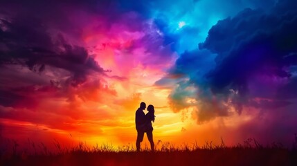 Fototapeta premium Romantic Silhouette of Couple Embracing Against Vibrant Twilight Sky