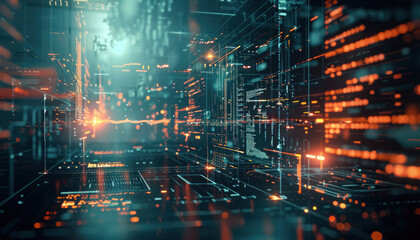 A glowing green digital matrix emphasizing network systems and sophisticated data structures