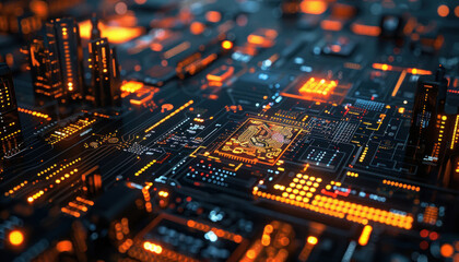 Obraz premium A highly detailed representation of an electronic microchip city with flowing light paths symbolizing connectivity