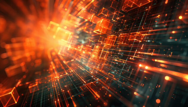 Dynamic abstract image with a sense of digital technology, featuring a glowing lattice structure in an orange hue