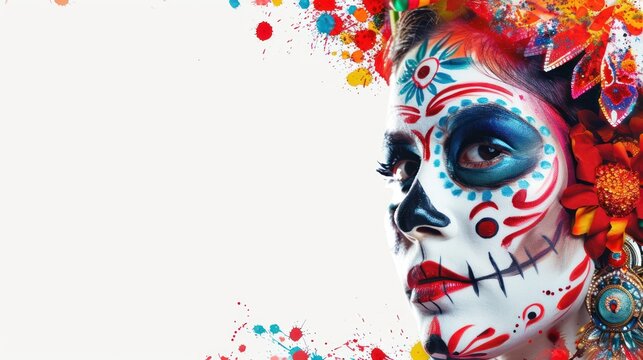 A woman with a painted face and a flower headdress. The woman is wearing a white dress and has a red and blue face. Mexican Skull Face Paint Cinco de Mayo Calavera