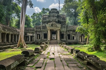 Fototapeta premium Angkor wat temple illustration. Asia ruin architecture monument face. Generate Ai