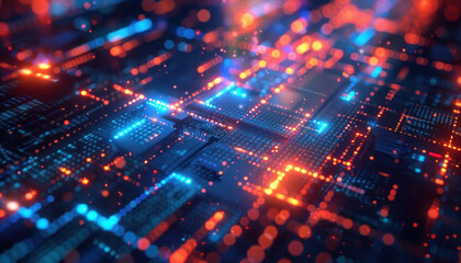 Fototapeta premium An abstract representation of an advanced technological circuit system shines with bright blue and red LEDs