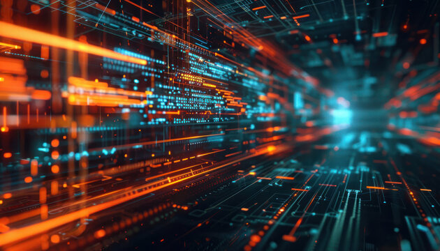 This visually captivating image showcases a close-up view of a circuit board with multi-colored lights suggesting high-speed data processing