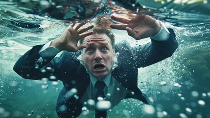 Fotobehang A businessman in a suit and tie appears underwater looking desperate as he frantically tries to swim to the surface © Bordinthorn