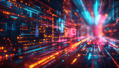 An intense display of neon light lines creating movement resembling data travel inside a technology server room