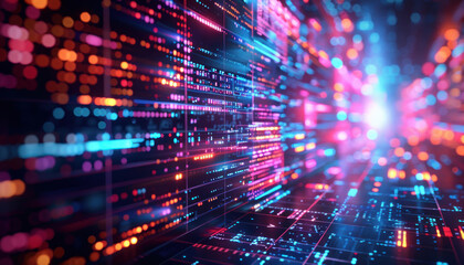 Image showcases a burst of colorful light trails inside a conceptual representation of a computerized space - Powered by Adobe