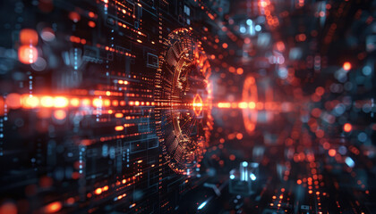 This image depicts an abstract digital face formed by cyber components, symbolizing artificial intelligence