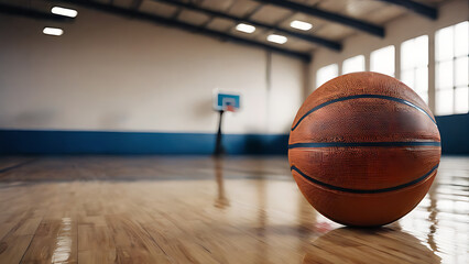 a basketball in the gym. the background is blurred. copy space