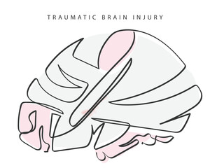 Hand drawn line art depicting Brain Injury. Traumatic Brain Injury Awareness flashcard. Concussion and Brain structure damage.