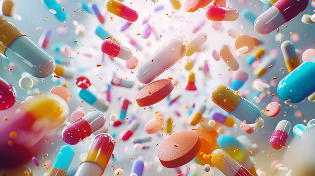 A dreamy and abstract backdrop filled with colorful pills and medicine bottles