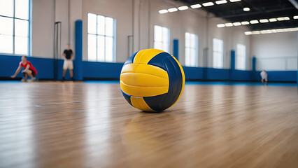 a volleyball ball in the gym. the background is blurred. copy space