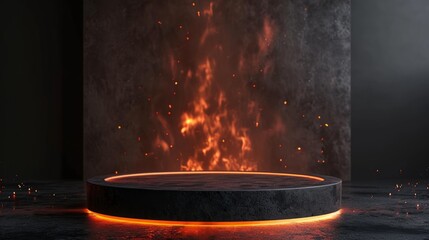 Podium with flame on black background