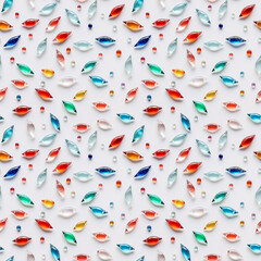 Colorful glass beads scattered on white creating fun abstract background. Many shiny little seashell shaped elements, flat lay. AI-generated