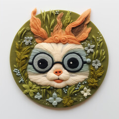 An embroidery of a crazy anthropomorphic rabbit wearing glasses. A funny portrait of a mad cat surrounded by flowers, embroidered on green fabric. AI-generated