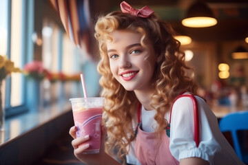 A young blonde teenage girl, holding a milkshake in a vintage cafe interior. Smiling teenager enjoying a drink in a retro diner. AI-generated