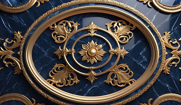 background, model of ceiling and wall decoration with 3d wallpaper. decorative frame on a luxurious background of gold and blue marble and mandala