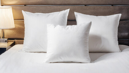 White pillow on bed in bedroom closeup