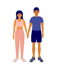 Couple of athletic people stand holding hands. Young man and woman joint training. Family weekend active leisure, sport play, physical activity together. Guy and girl gym workout vector illustration