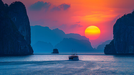 A photo of the Phi Phi Islands, with towering limestone cliffs as the background, during a vibrant sunset - obrazy, fototapety, plakaty