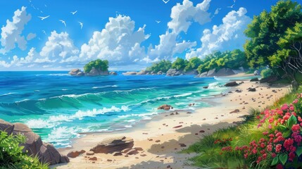 Artistic Coastal Beauty Illustrated in Wallpaper