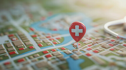 A map pin on a hospital location in a city map, emphasizing access to healthcare, World Health Day, doctor, hospital, with copy space