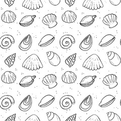 Vector illustration, nautical pattern, seashell, sea, foam, wave