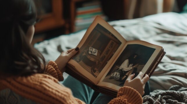 Woman Engrossed in an Old Photo Album, Embracing Memories