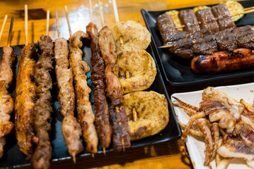 Variety of meat skewers on dish
