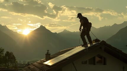 a man working on a solar panel installation on the roof of a house, backdrop of mountains and sunset, solar energy concept