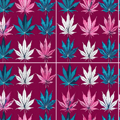 vintage seamless pattern with cannabis marijuana leaf on red background