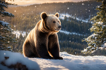 Brown little bear sitting in the winter forest