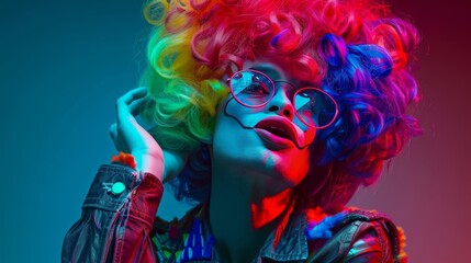Vibrant Portrait of a Person with Colorful Wig and Glasses