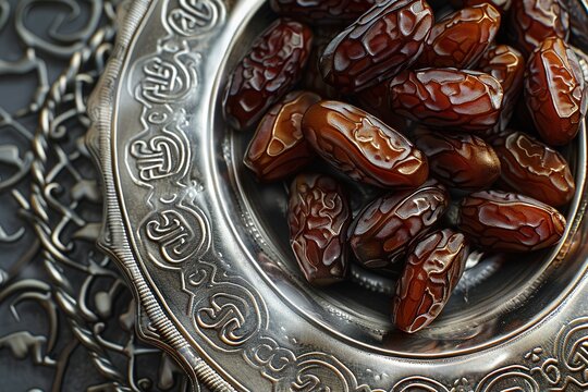 A close-up of dates fruit arranged in a plate with intricate silver Moroccan patterns in the background