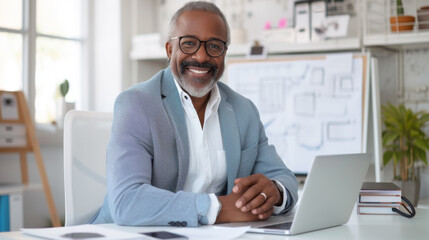 A professional in a light blue blazer is working on a laptop at a modern office desk, exuding confidence and satisfaction with their work.