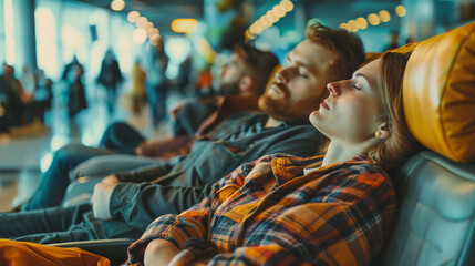 Fototapeta na wymiar Tired passengers sleeping in airport. 