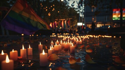 Candlelight Vigil Night Scene with LGBTQ Pride Flag - obrazy, fototapety, plakaty