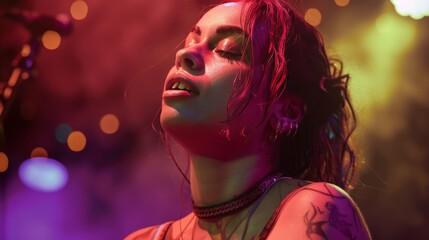 Captivating Portrait of a Woman Enjoying Music in Neon Lights