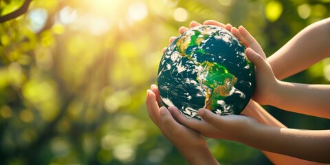 Several individuals holding the planet Earth in their hands, emphasizing global unity and responsibility.
